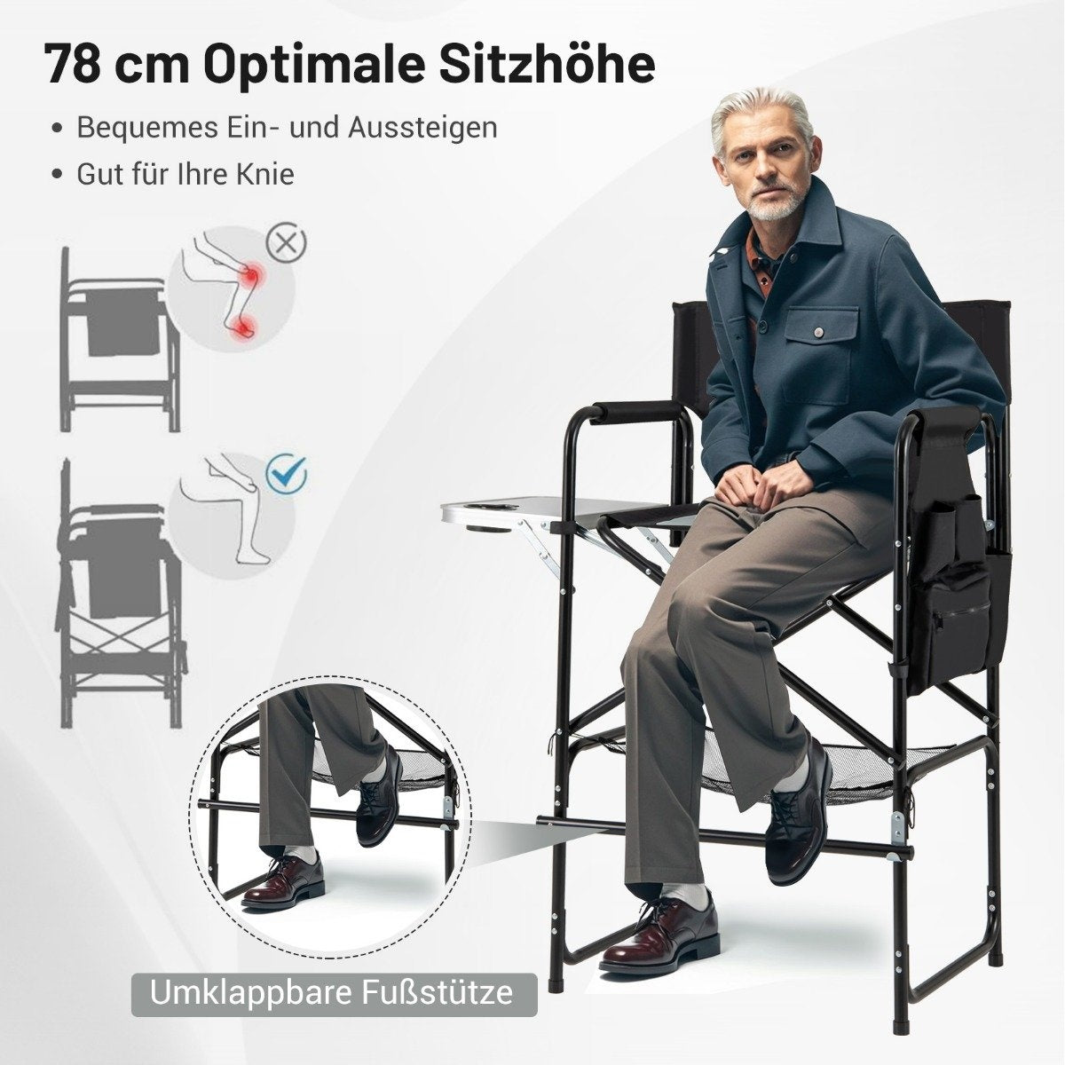 Folding Camping Chair with Side Table and Footrest, Black/Grey
