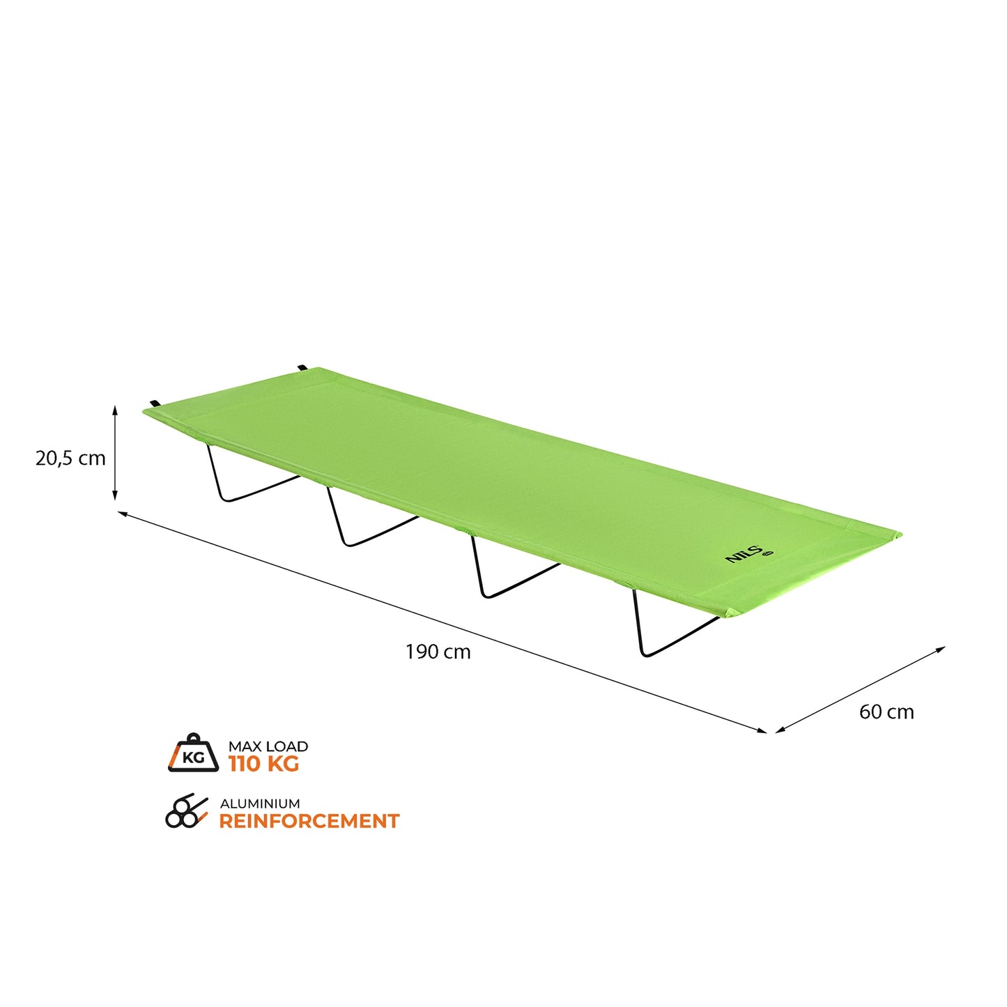 Folding Camping Cot, Steel Frame, 190x60 cm, 110 kg
