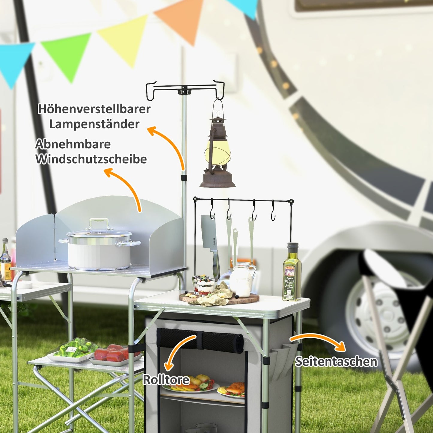 Outdoor folding camping kitchen with UV and wind protection
