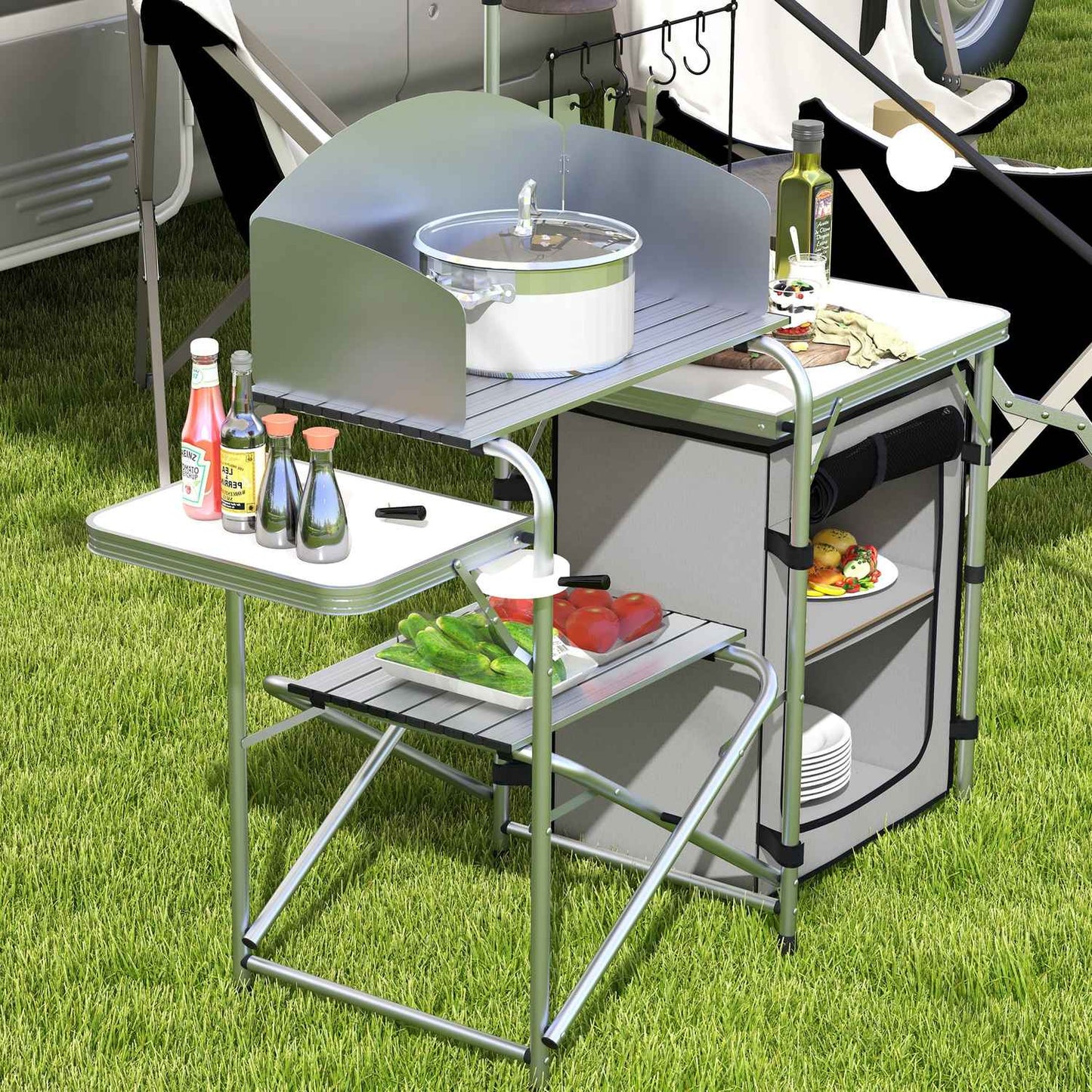 Outdoor folding camping kitchen with UV and wind protection