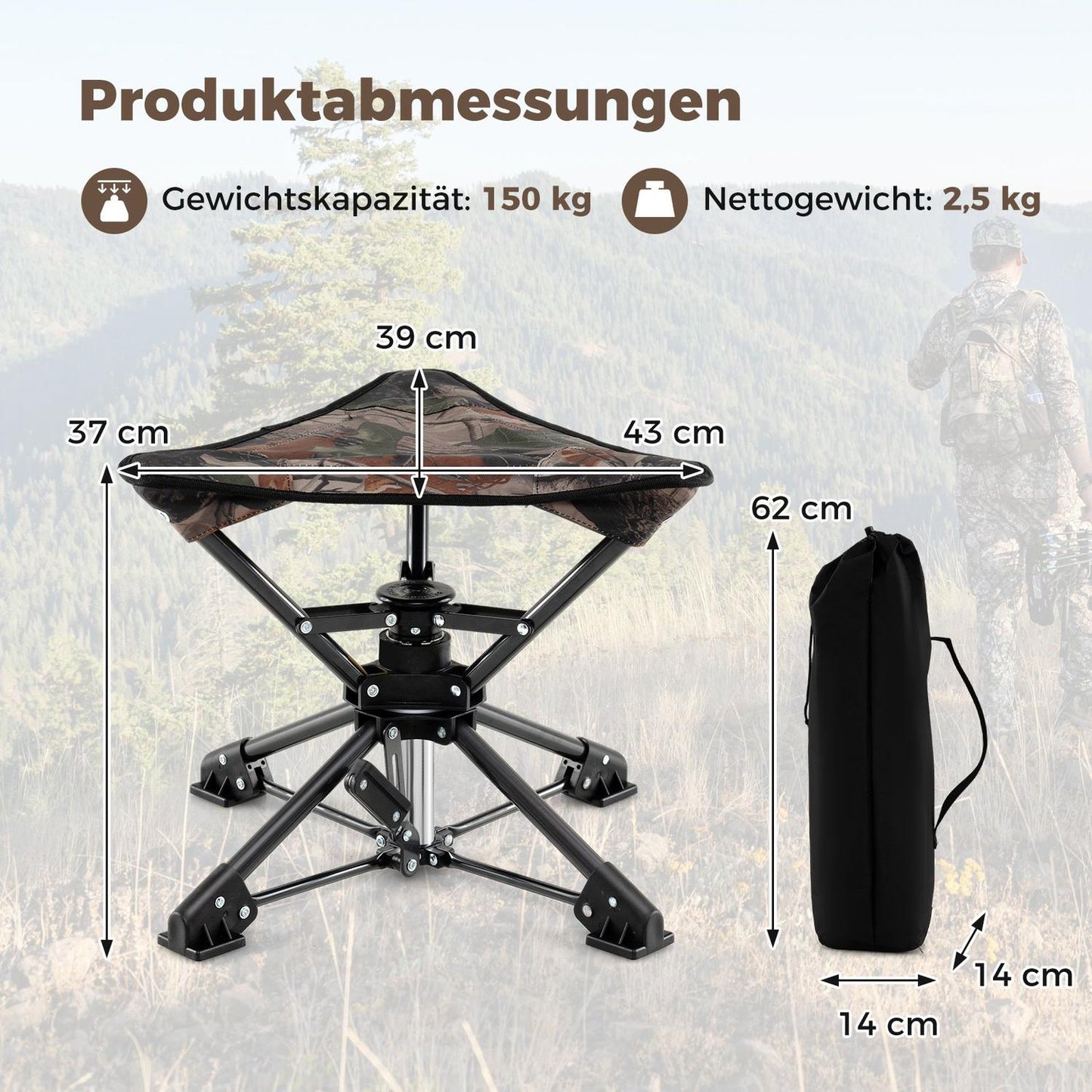 Folding Camping Stool, 360° Swivel, Anti-Sink Feet