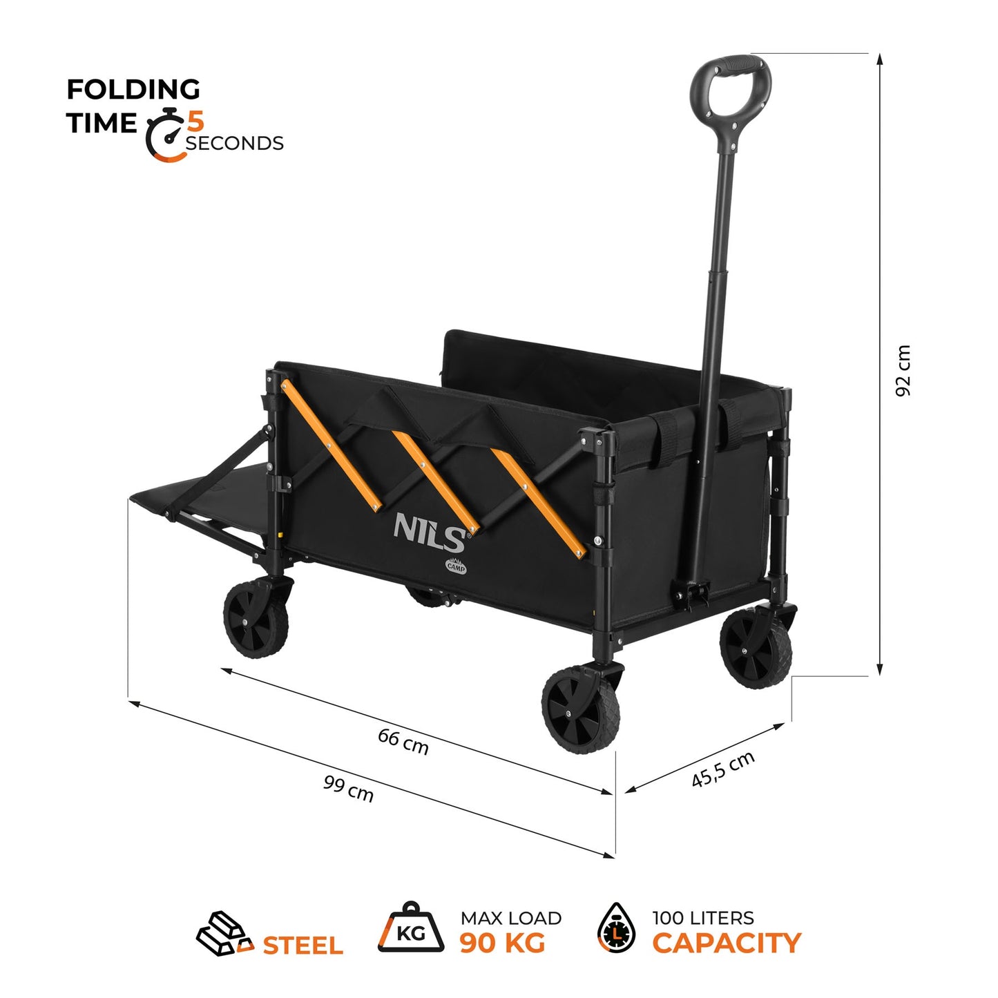 Folding Camping Wagon, 100L, 90 kg Load, Black-Orange