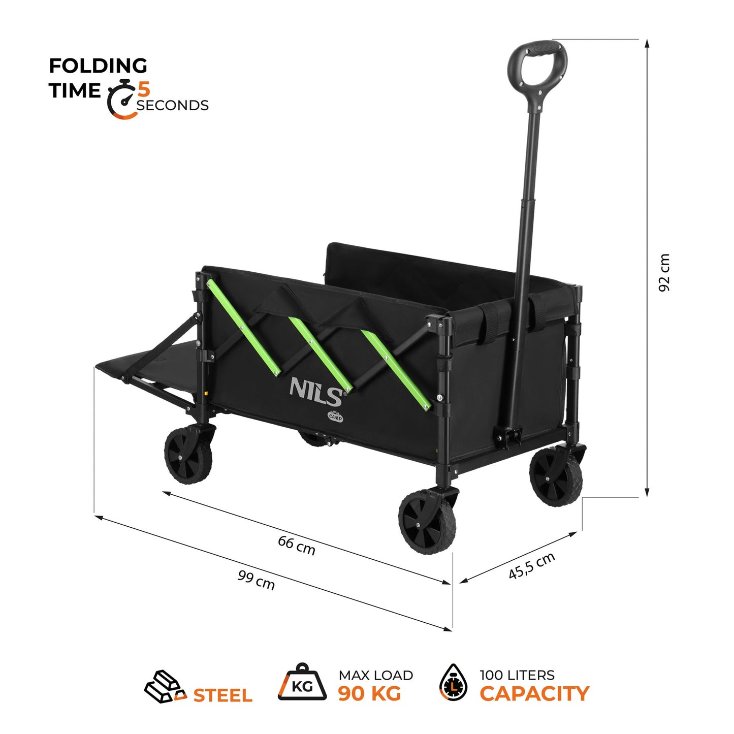 Folding Camping Wagon Cart, 100L, 90kg Capacity