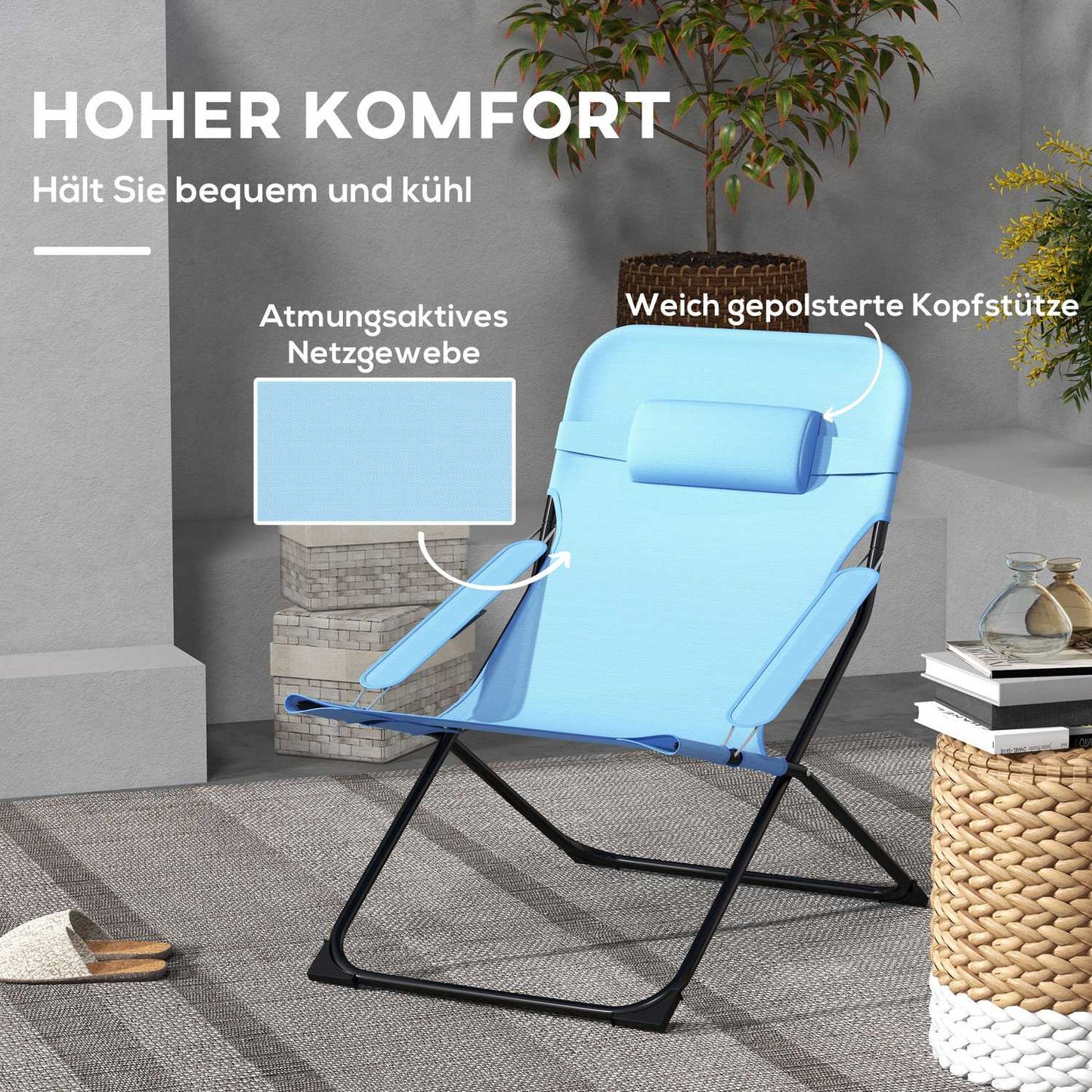 Adjustable blue camping chair, cushion, supports 120 kg