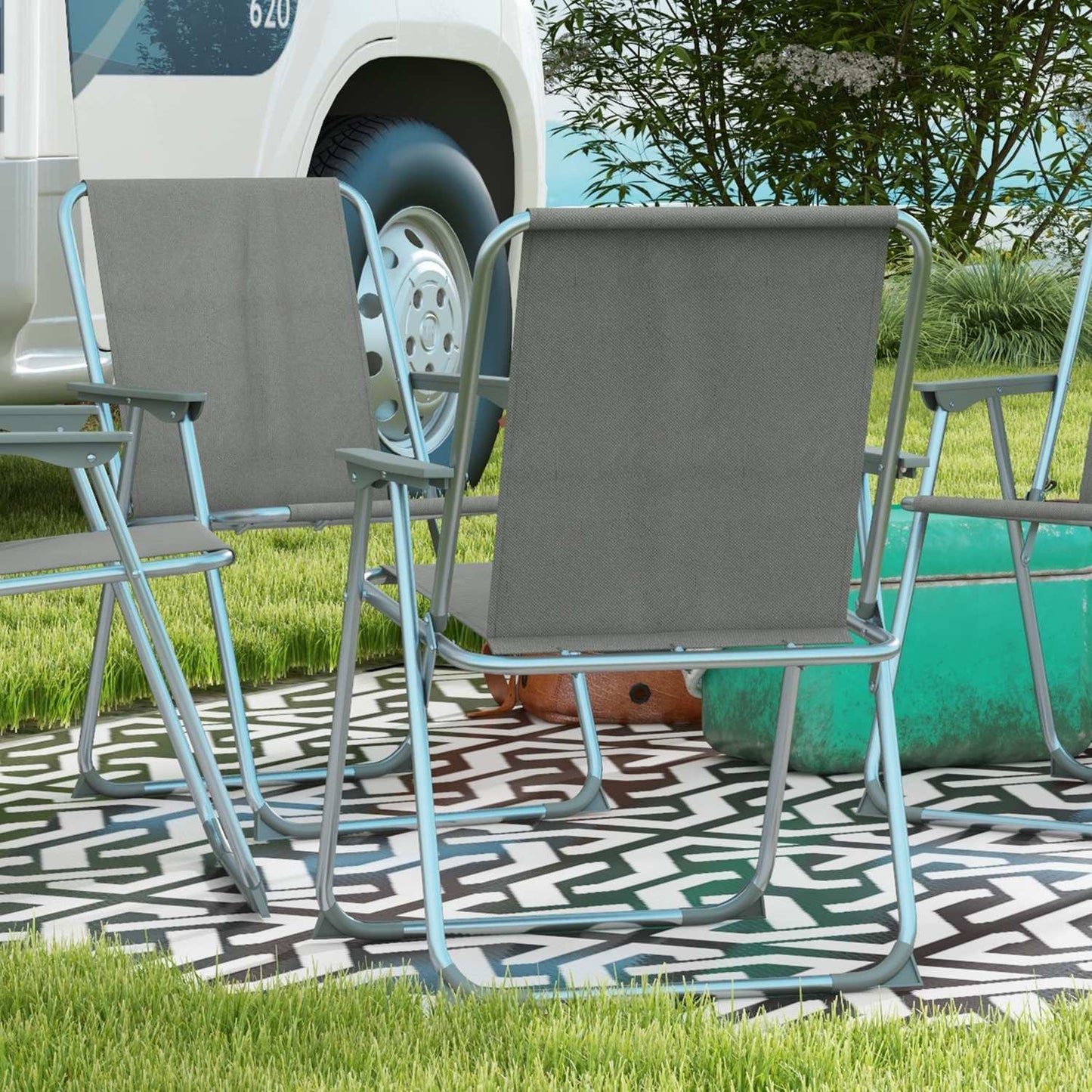 Set of 4 gray folding garden chairs with armrests