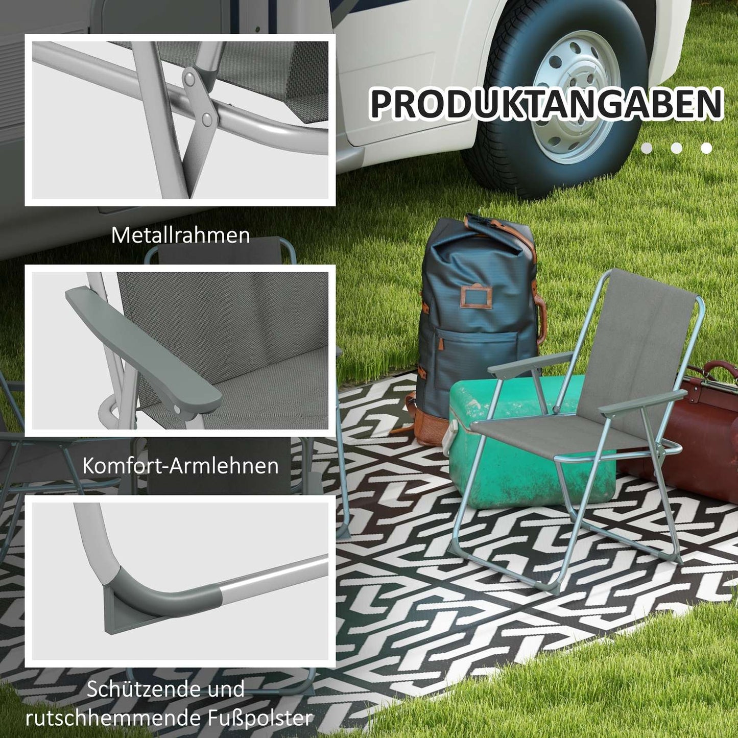 Set of 4 gray folding garden chairs with armrests