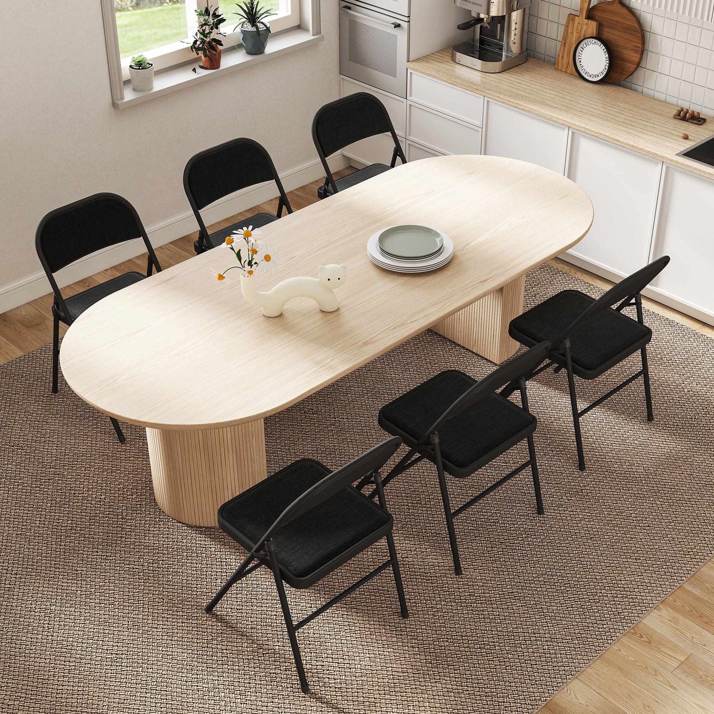 Folding Chairs Set of 6, Black, Steel Frame, Linen Look