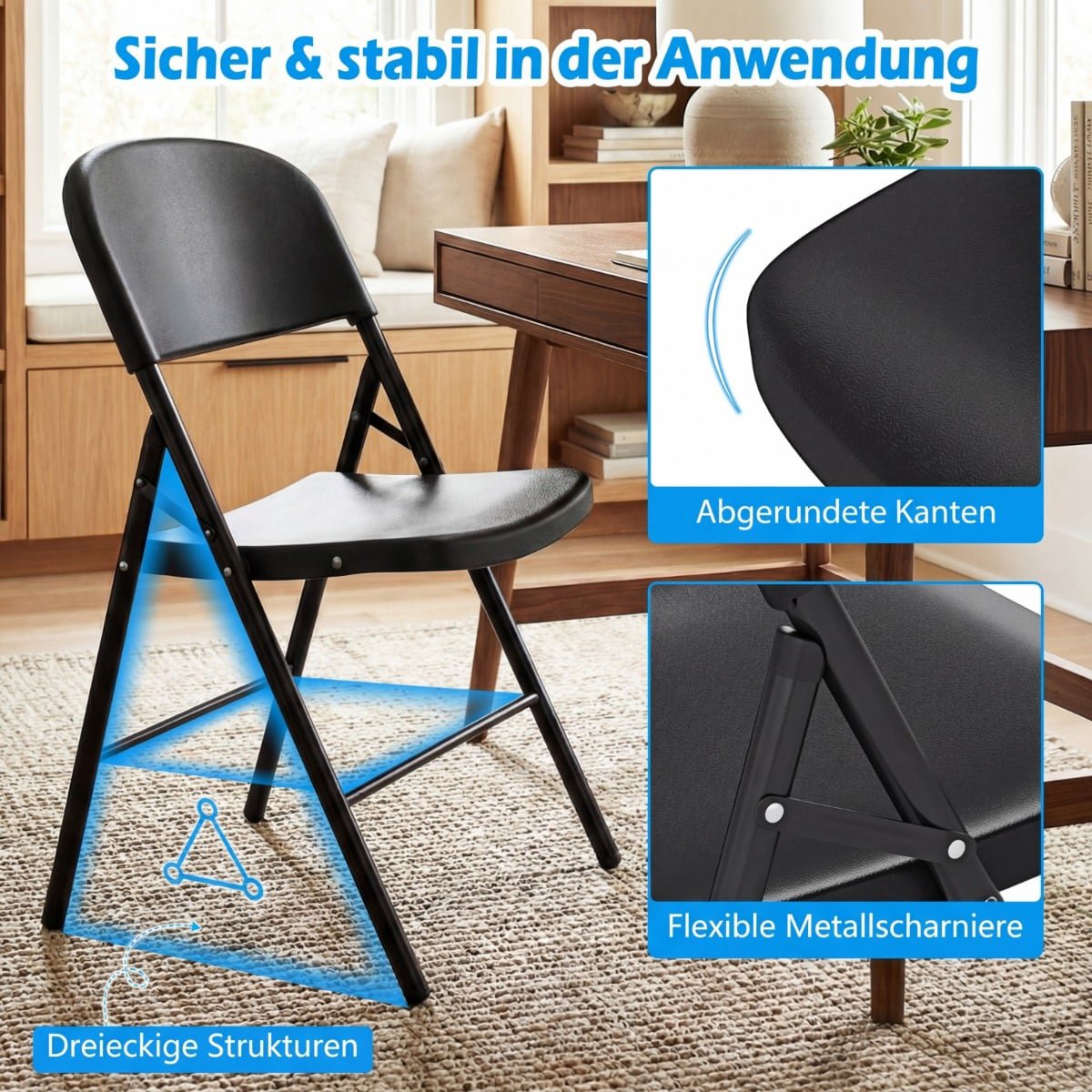 Folding Chairs Set of 6, Metal & Plastic, 150kg Capacity
