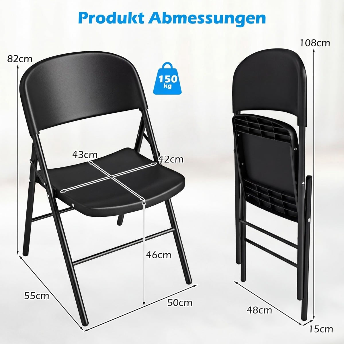 Folding Chairs Set of 6, Metal & Plastic, 150kg Capacity