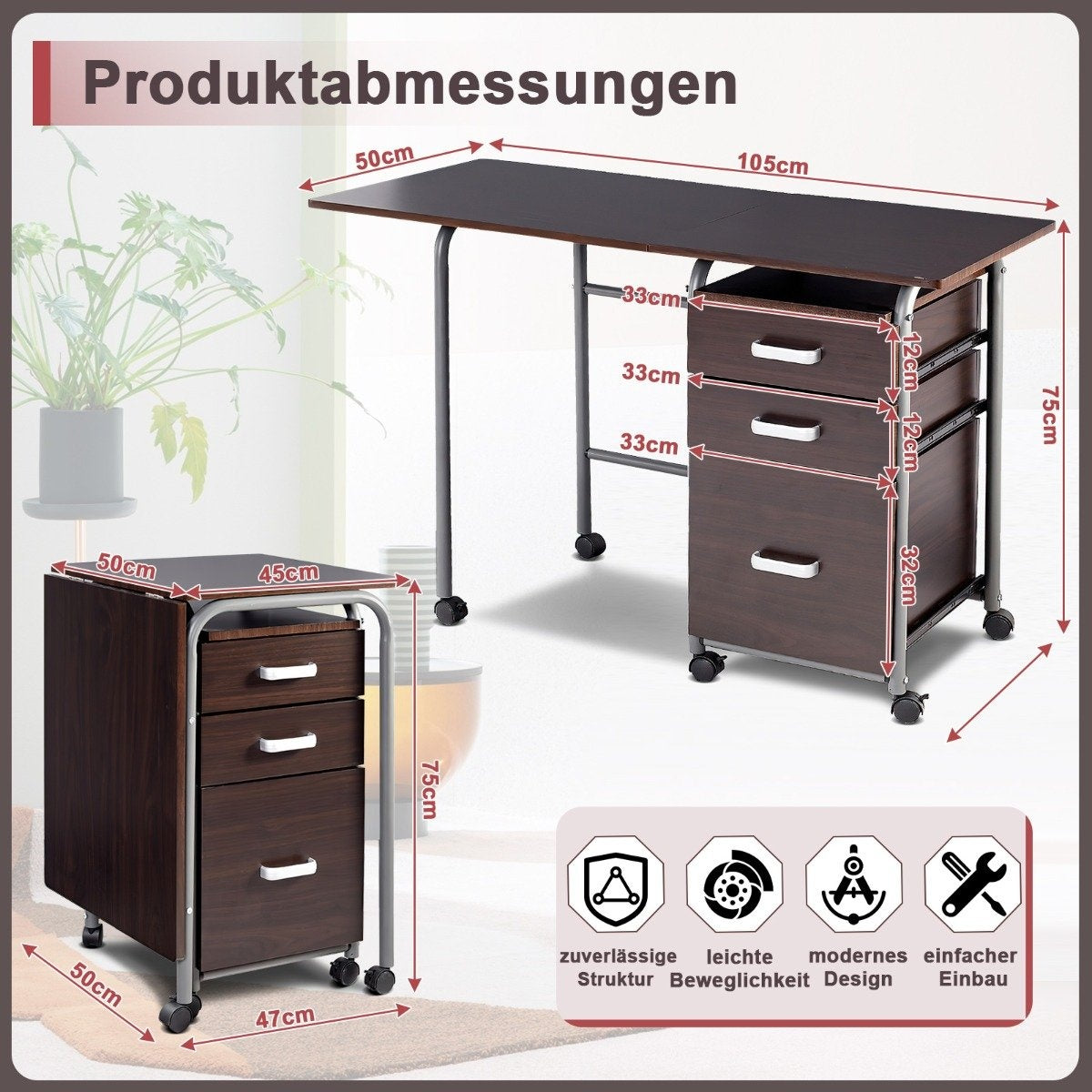 Folding Computer Desk Rolling Office Table with Metal Frame 105 x 50 x 75 cm Brown