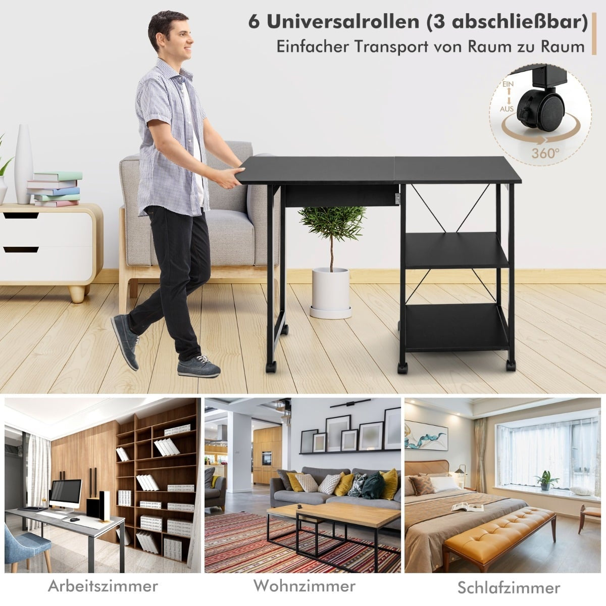 Folding Computer Desk with Shelves & Wheels, Black