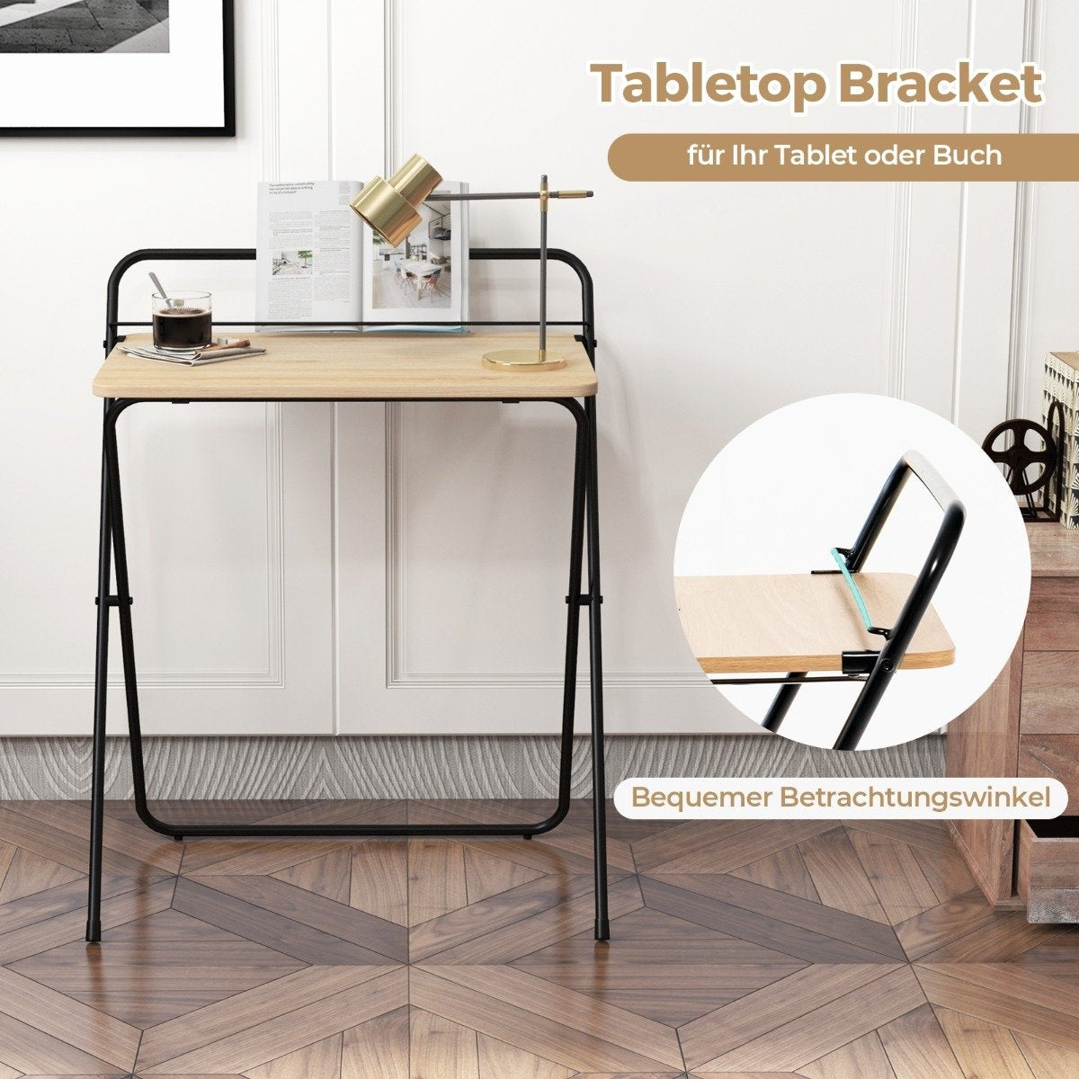Folding Computer Desk with Tablet Holder, 64x43x80 cm, Natural