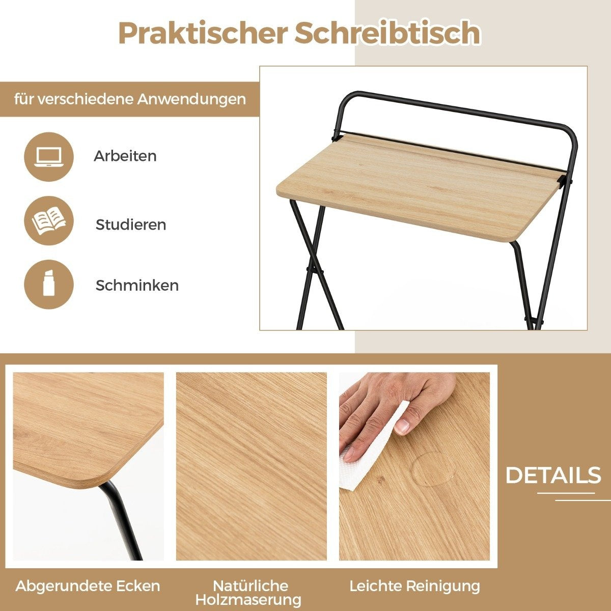 Folding Computer Desk with Tablet Holder, 64x43x80 cm, Natural