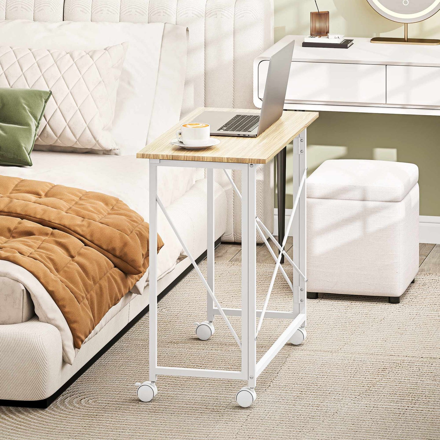 Folding Desk with Wheels, Space-Saving, Steel MDF, Natural