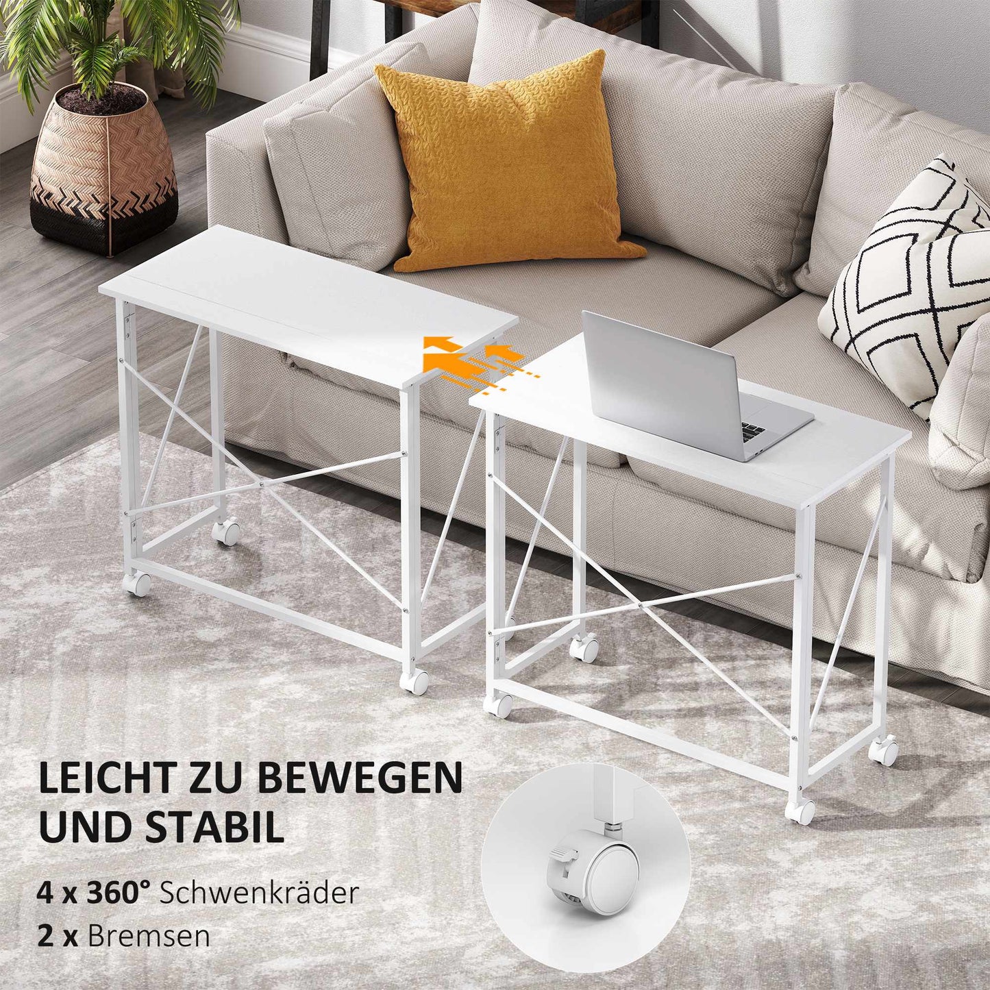 Folding Desk with Wheels, Steel Frame, 80x40x75 cm, White