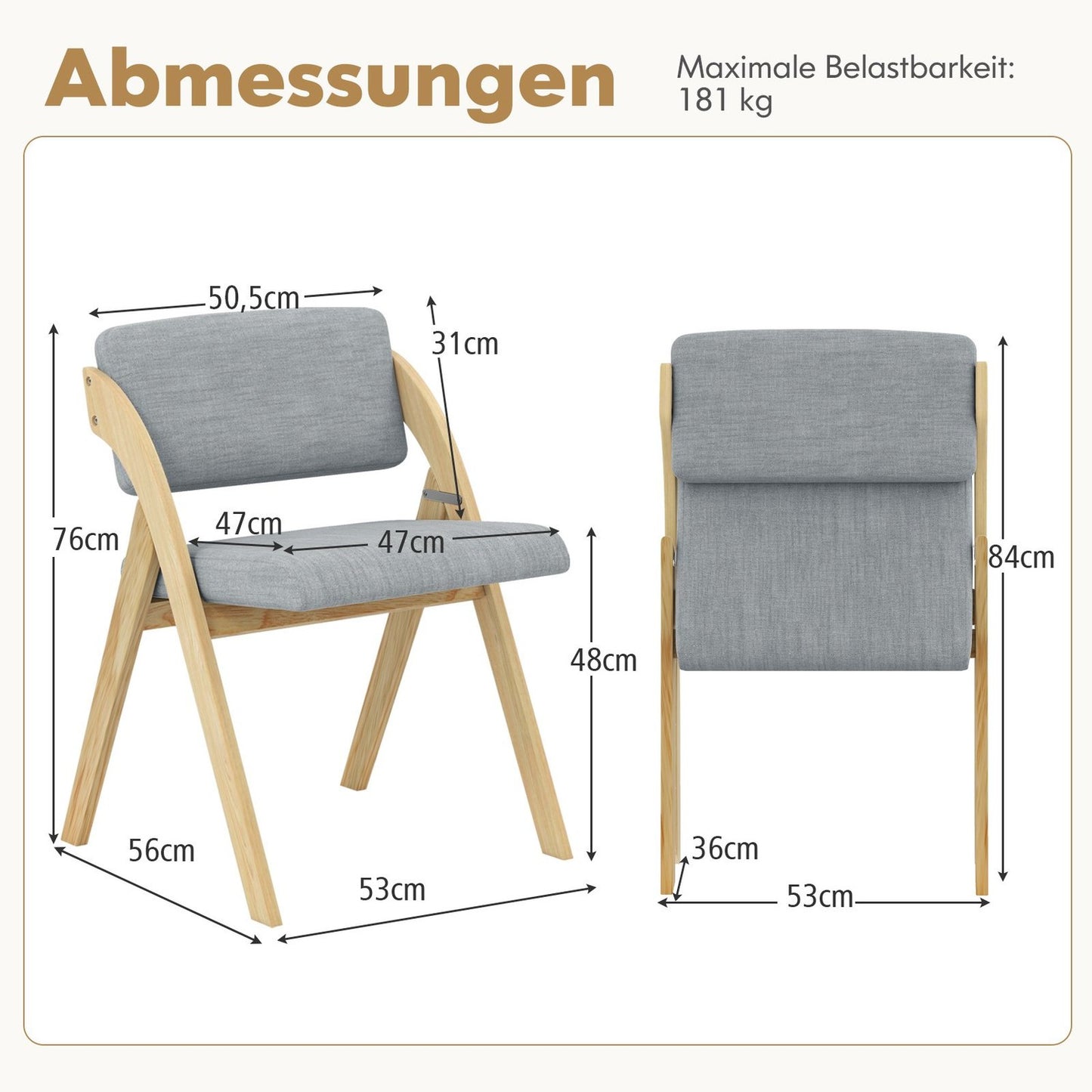 Folding Dining Chairs Set, Padded Seat, Rubberwood Legs, Gray