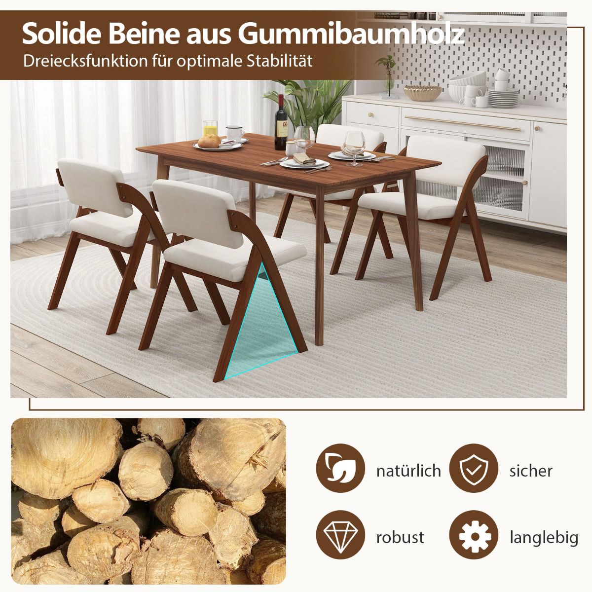 Folding Dining Chairs Set, Rubberwood Legs, Padded Seats, Brown