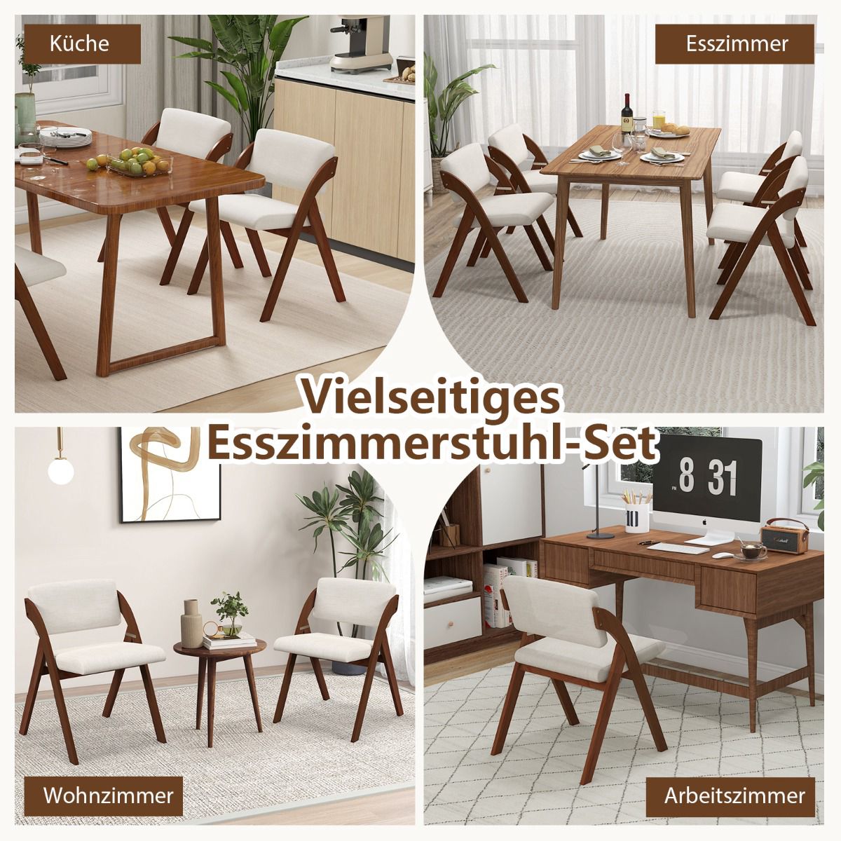 Folding Dining Chairs Set, Rubberwood Legs, Padded Seats, Brown