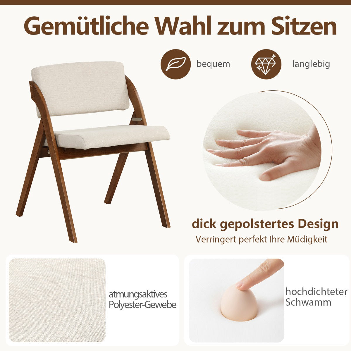 Folding Dining Chairs Set, Rubberwood Legs, Padded Seats, Brown