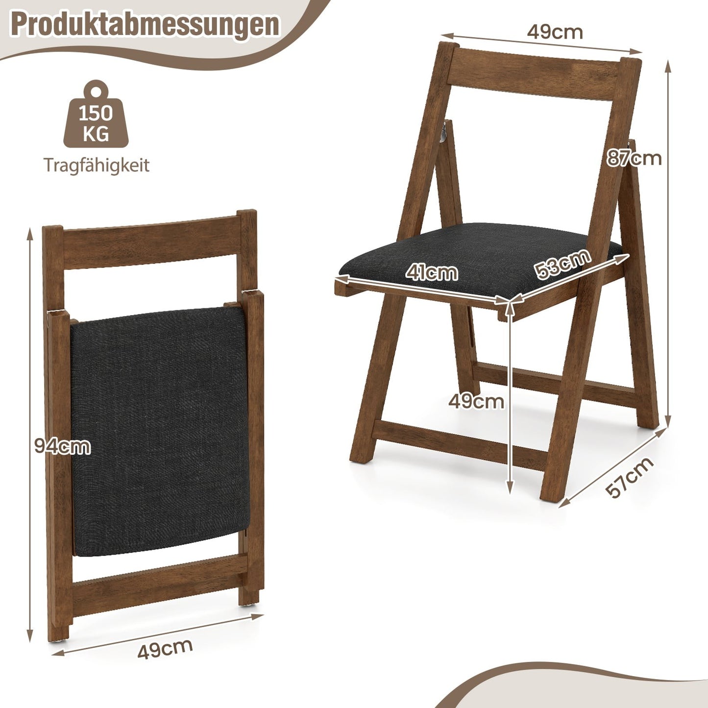 Folding Dining Chairs Set of 2, Padded, 150kg Capacity