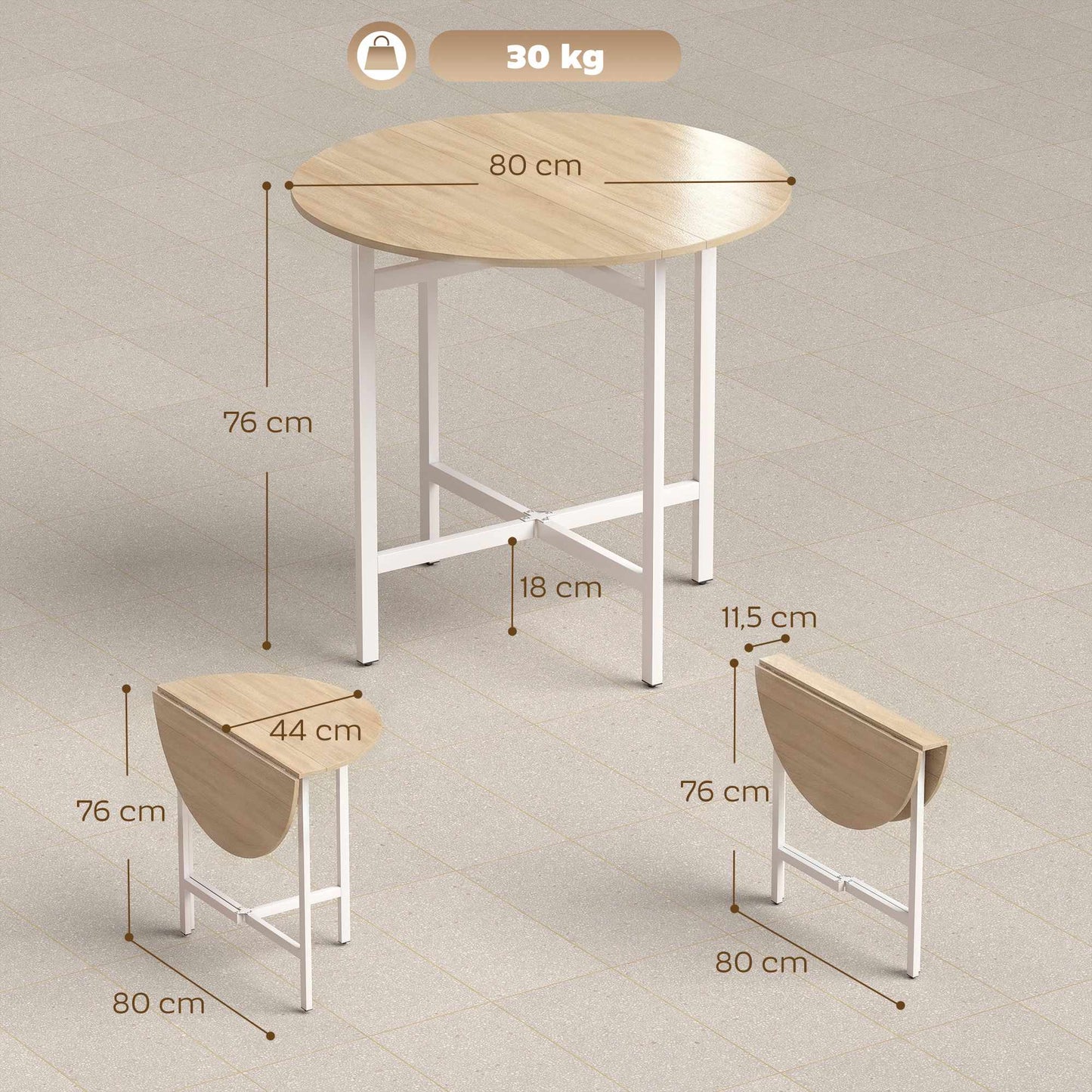 Folding Dining Table, 80 cm Round, Seats 2-4, Wood Finish