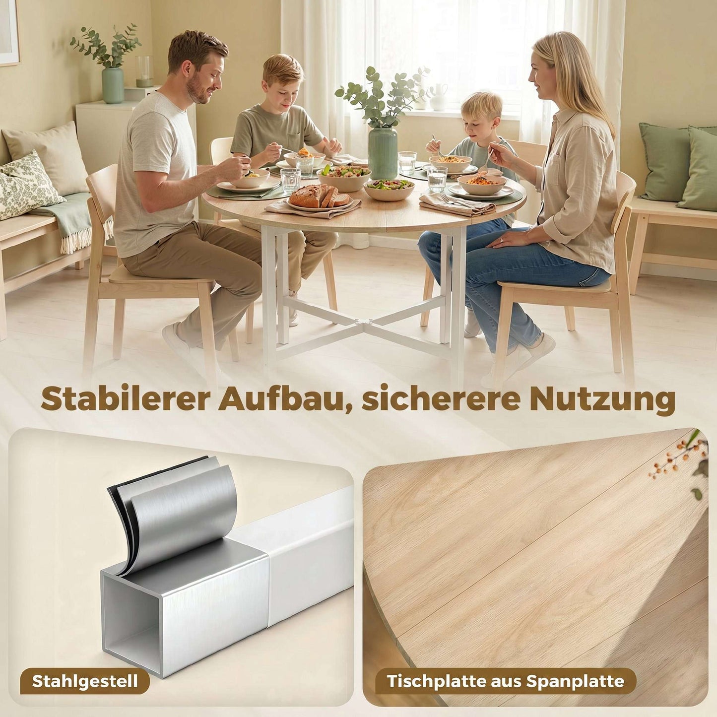 Folding Dining Table, 80 cm Round, Seats 2-4, Wood Finish