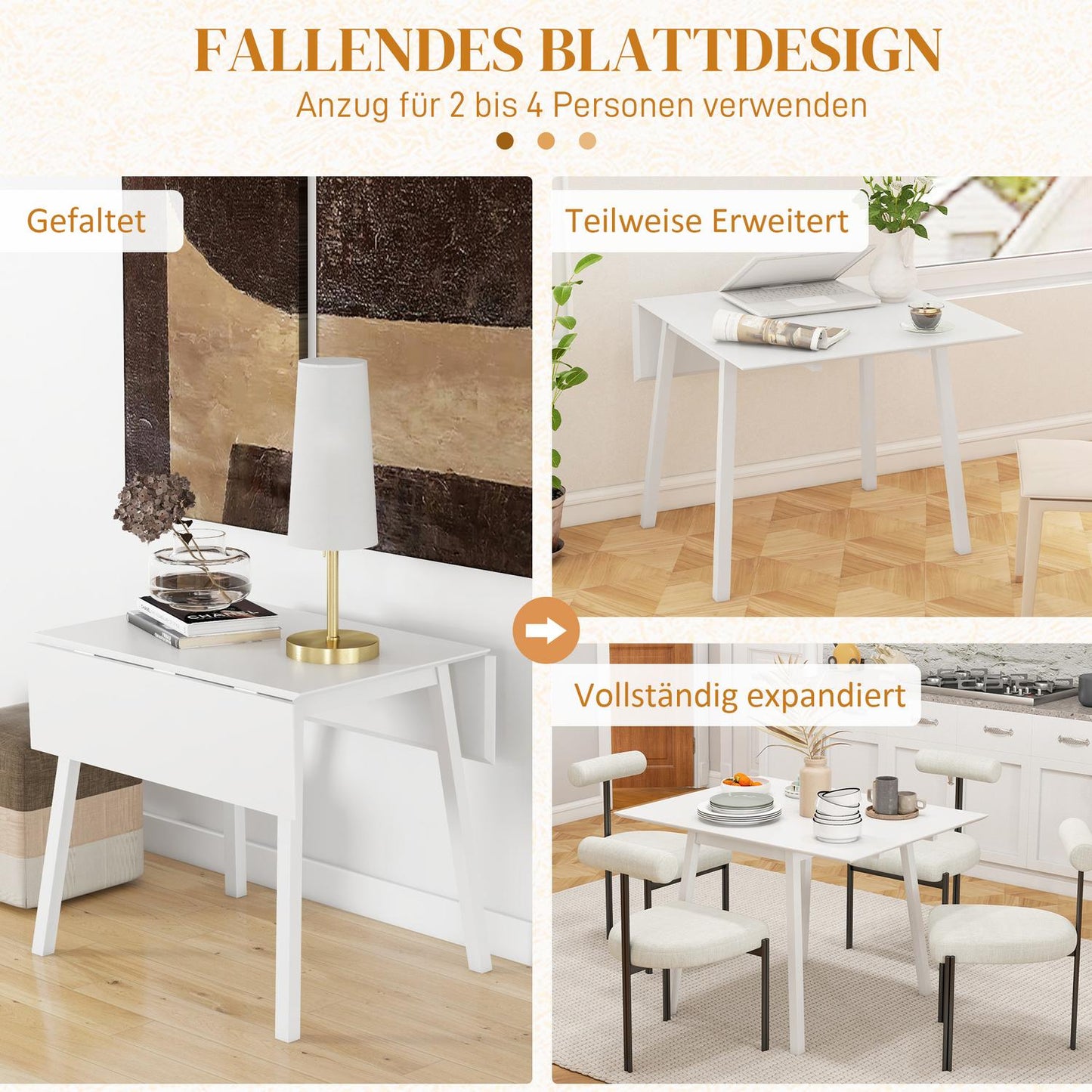 Wooden folding dining table, chairs 2-4, space-saving, white