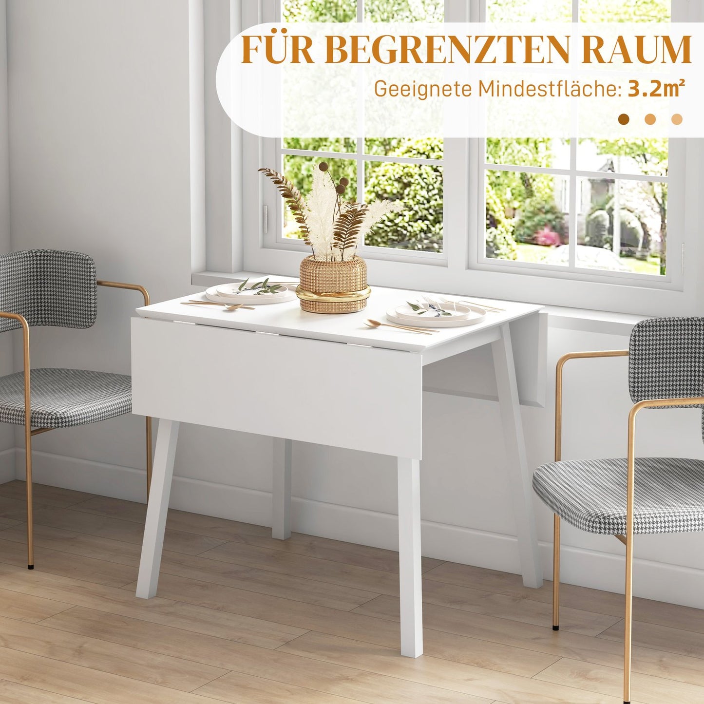 Wooden folding dining table, chairs 2-4, space-saving, white