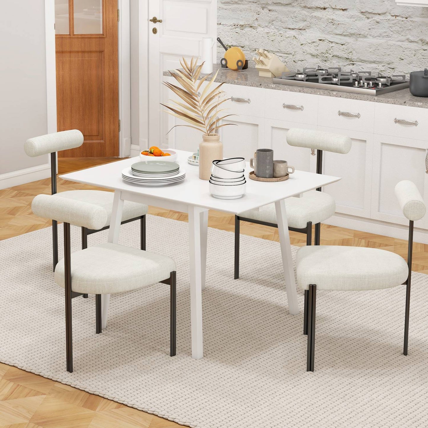 Wooden folding dining table, chairs 2-4, space-saving, white