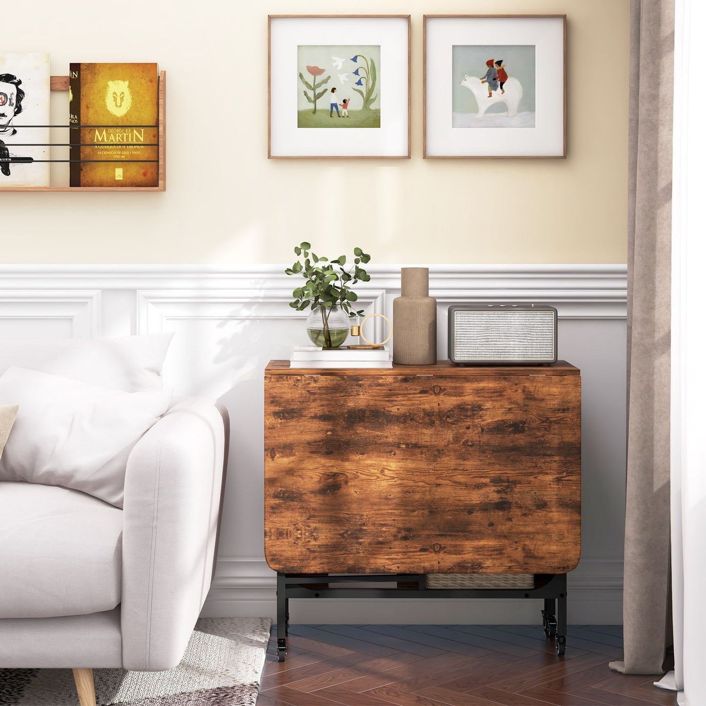 Rustic brown folding dining table for 6 with shelf