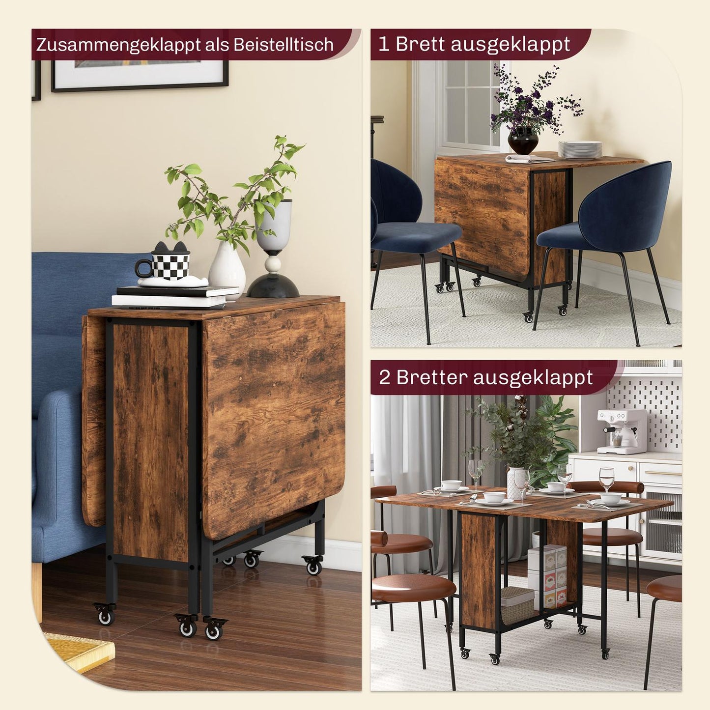 Rustic brown folding dining table for 6 with shelf