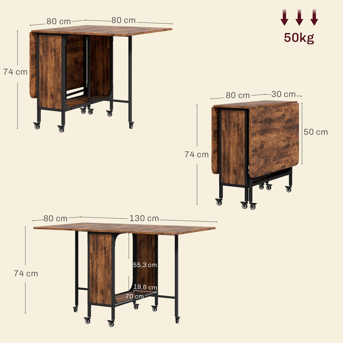 Rustic brown folding dining table for 6 with shelf