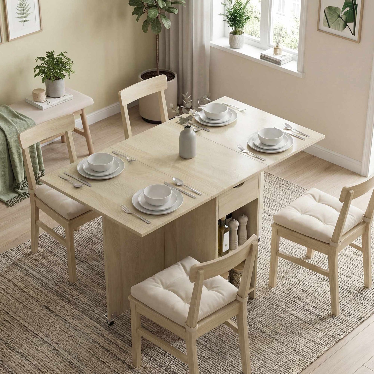 Folding Dining Table for 2-4, Rolling with Drawer, Natural Wood