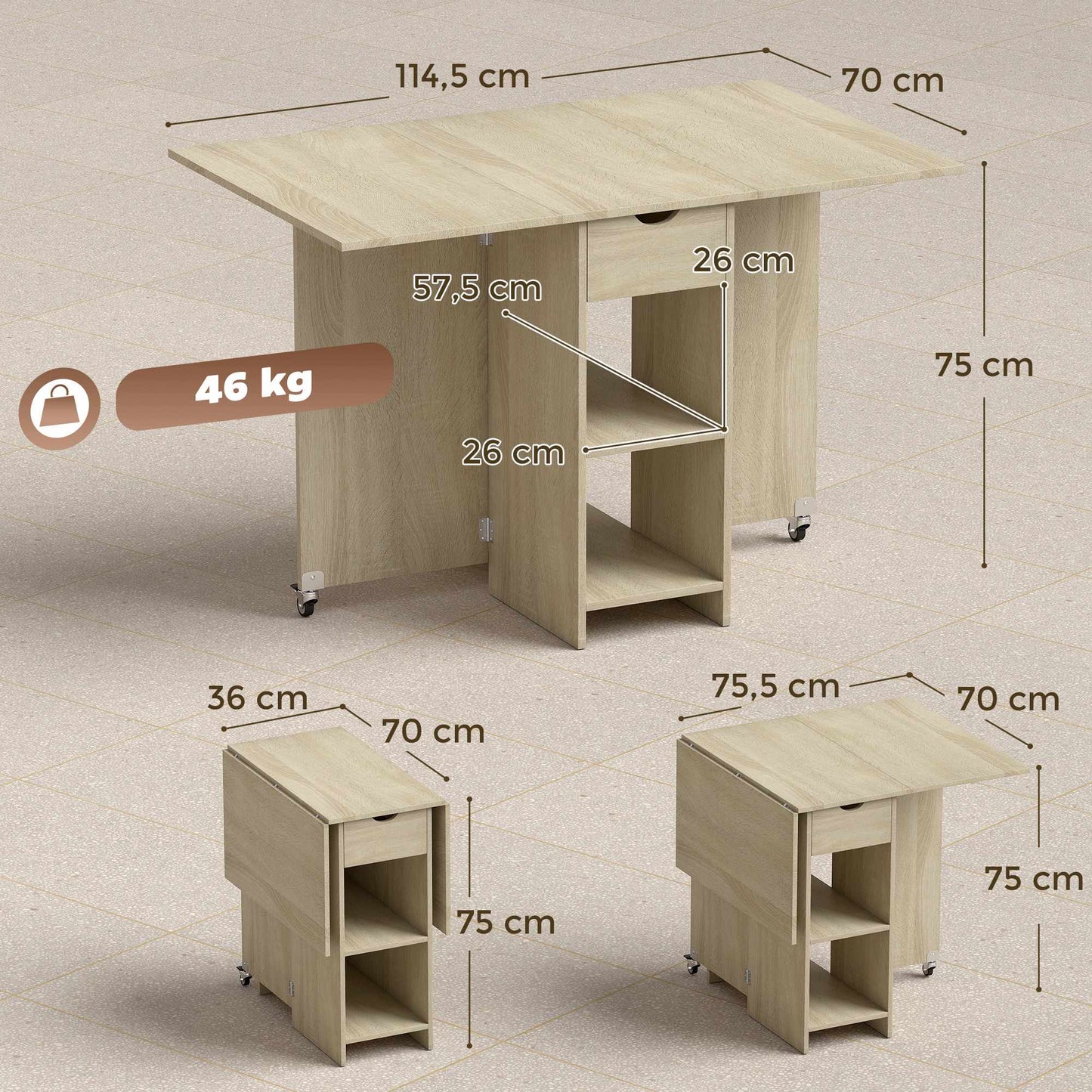 Folding Dining Table for 2-4, Rolling with Drawer, Natural Wood