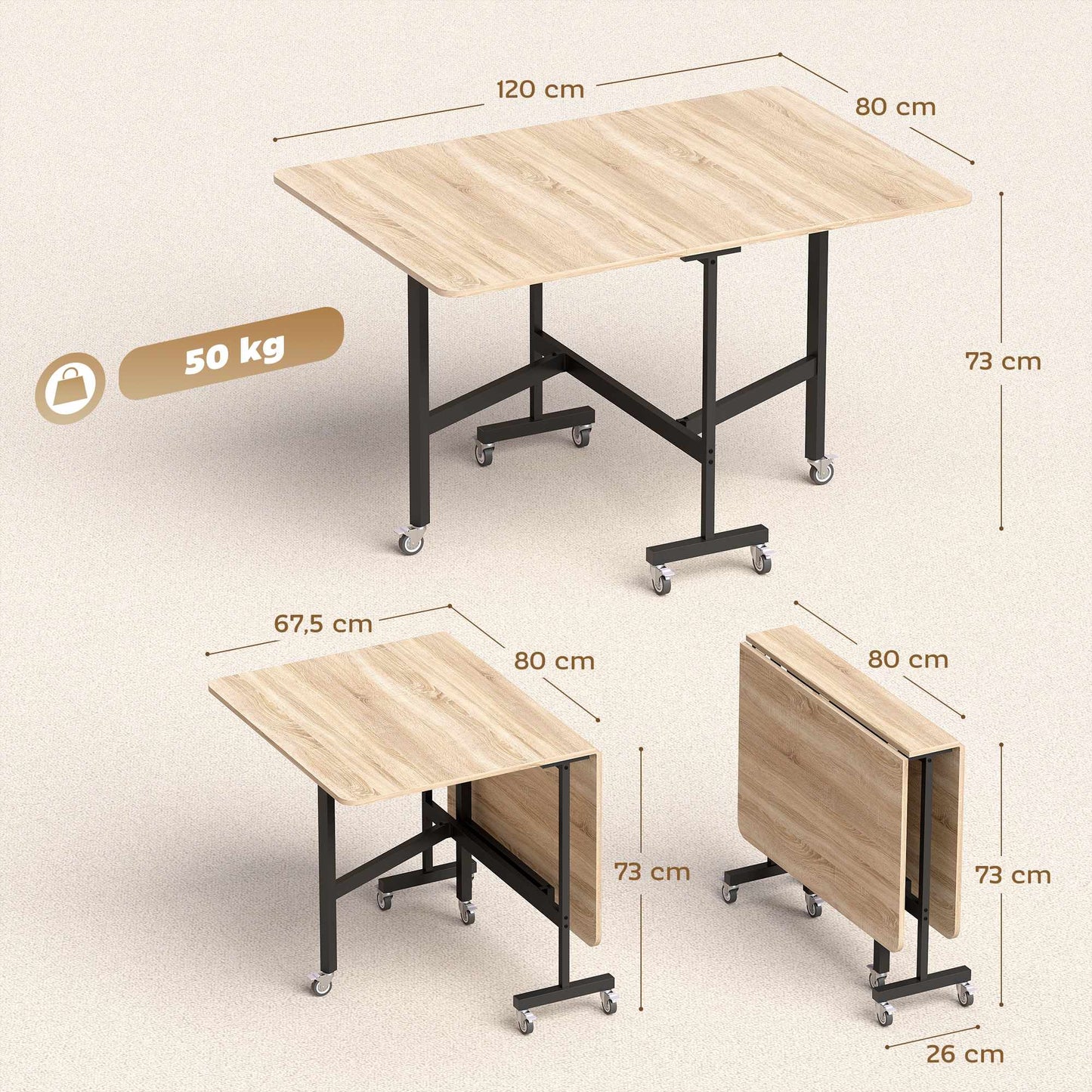 Folding Dining Table for 6, Oak Finish, Space-Saving Design