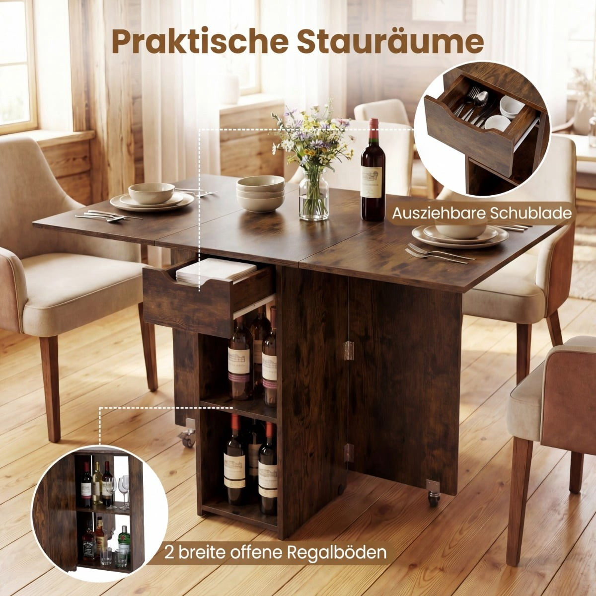 Folding Dining Table with Wheels, Shelves & Drawer