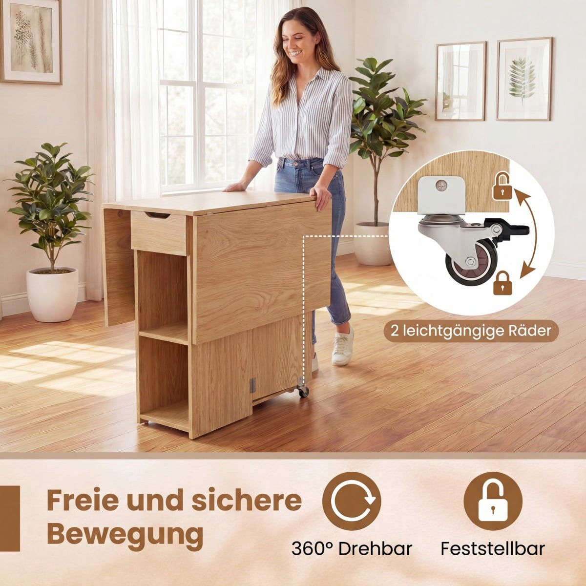 Folding Dining Table with Wheels, Shelves, Drawer