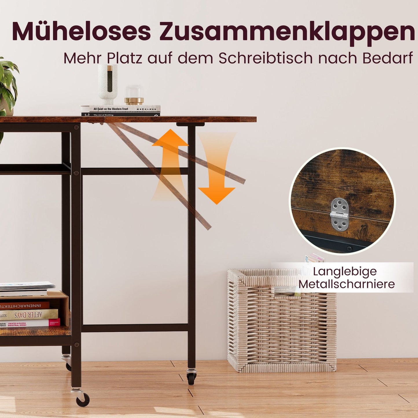 Folding Dining Table with Wheels & Wine Rack, Rustic Brown
