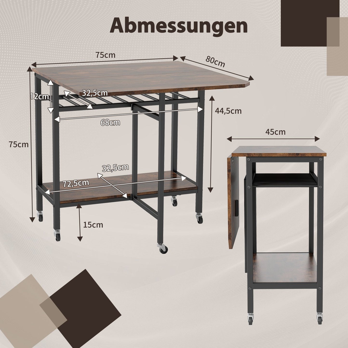 Folding Dining Table with Wheels & Wine Rack, Rustic Brown