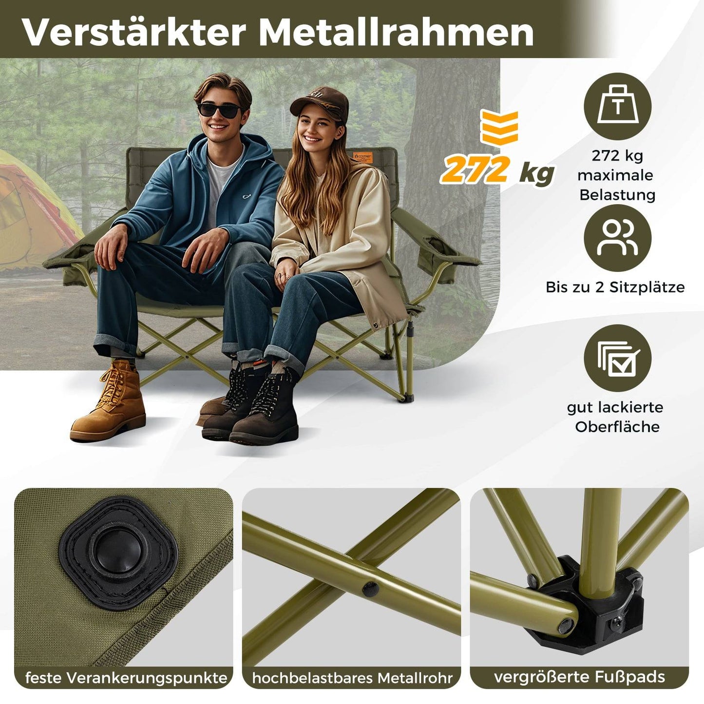 Folding Double Camping Chair for 2 with Adjustable Armrests