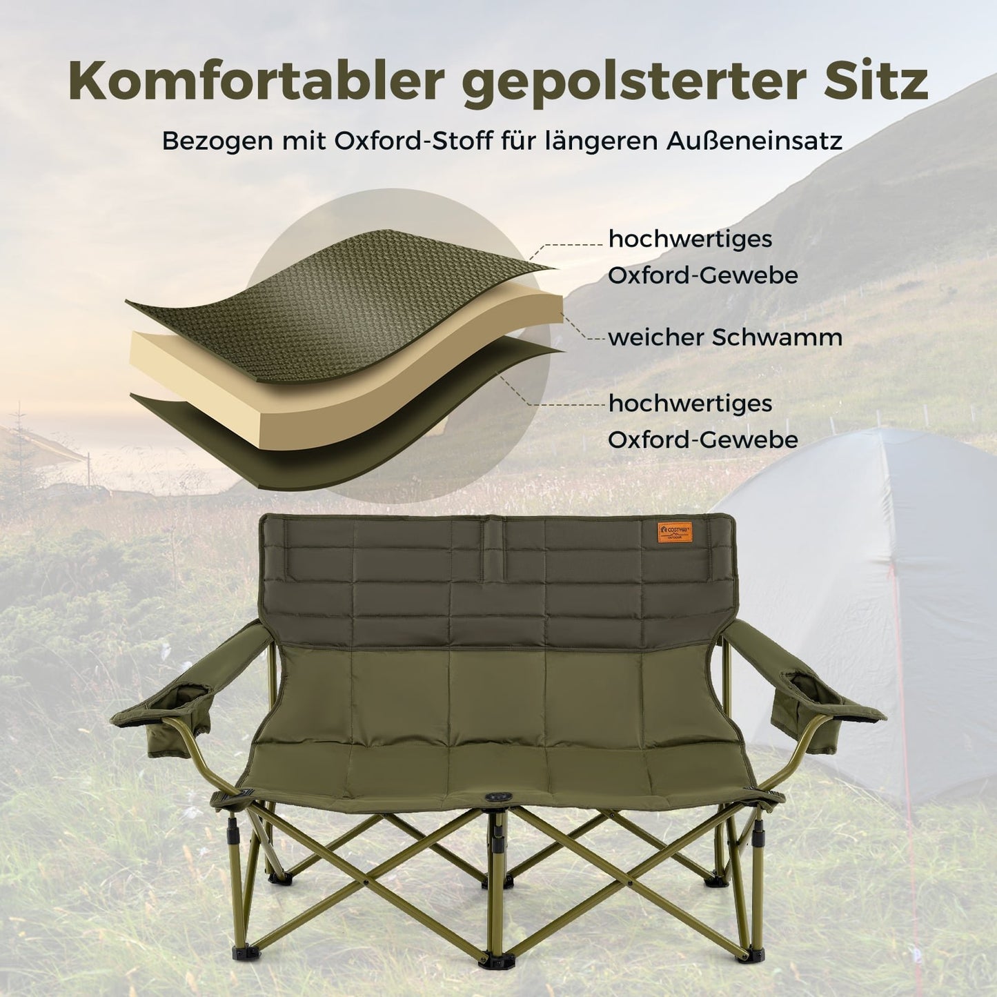 Folding Double Camping Chair for 2 with Adjustable Armrests