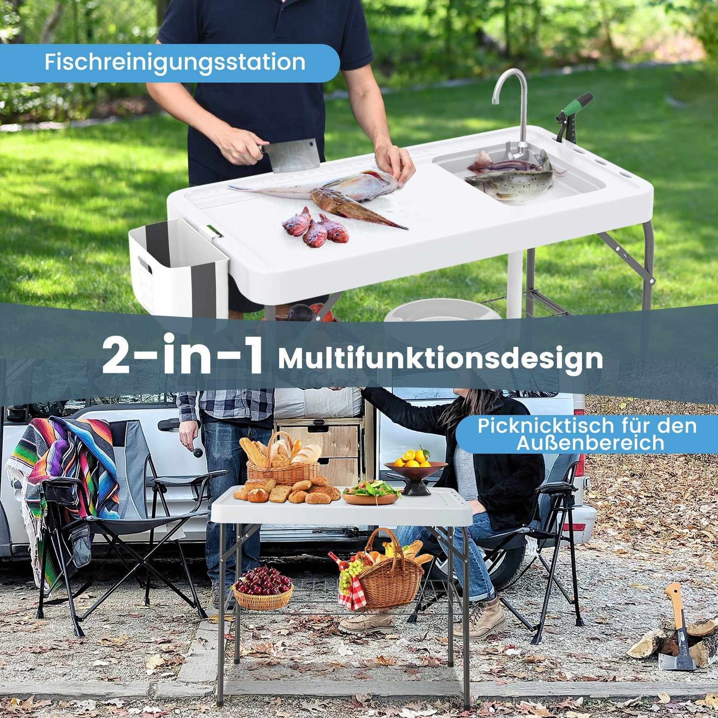 Folding Fish Cleaning Table with Sink & Shelf – White