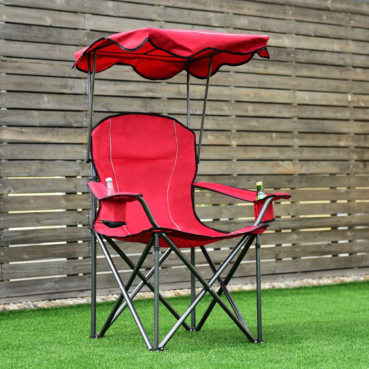 Folding Fishing Chair with Cup Holder for Patio Beach Camping 96.5 x 67.5 x 130 cm Red