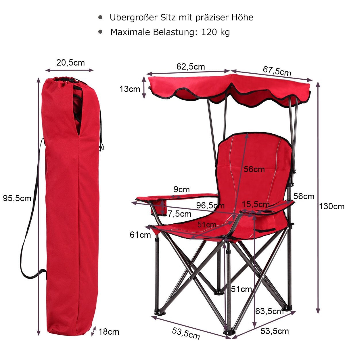 Folding Fishing Chair with Cup Holder for Patio Beach Camping 96.5 x 67.5 x 130 cm Red
