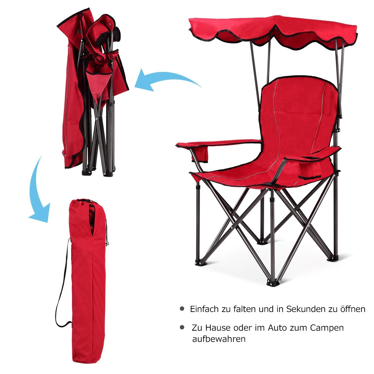 Folding Fishing Chair with Cup Holder for Patio Beach Camping 96.5 x 67.5 x 130 cm Red