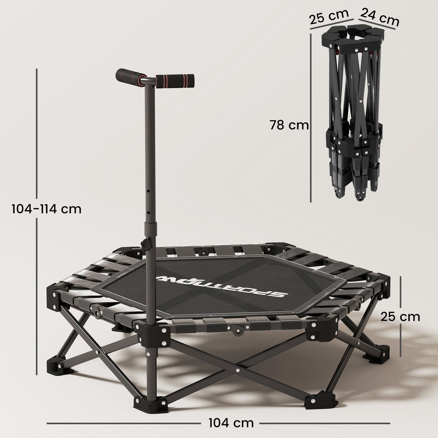 Folding Fitness Trampoline with Adjustable T-Bar, 120kg Capacity