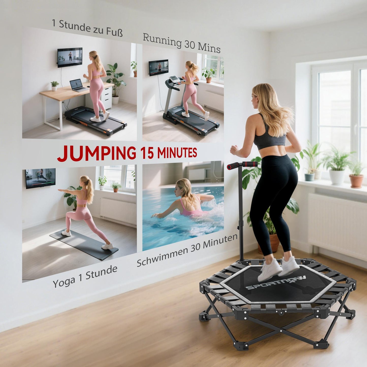 Folding Fitness Trampoline with Adjustable T-Bar, 120kg Capacity