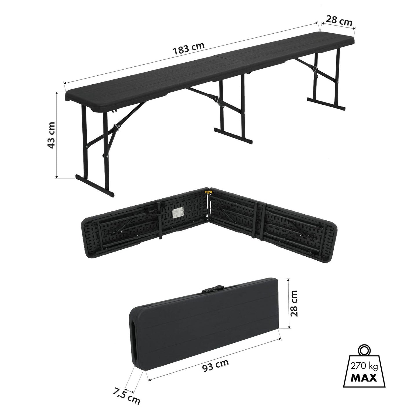 Folding Garden Bench, Dark Grey, 180 cm