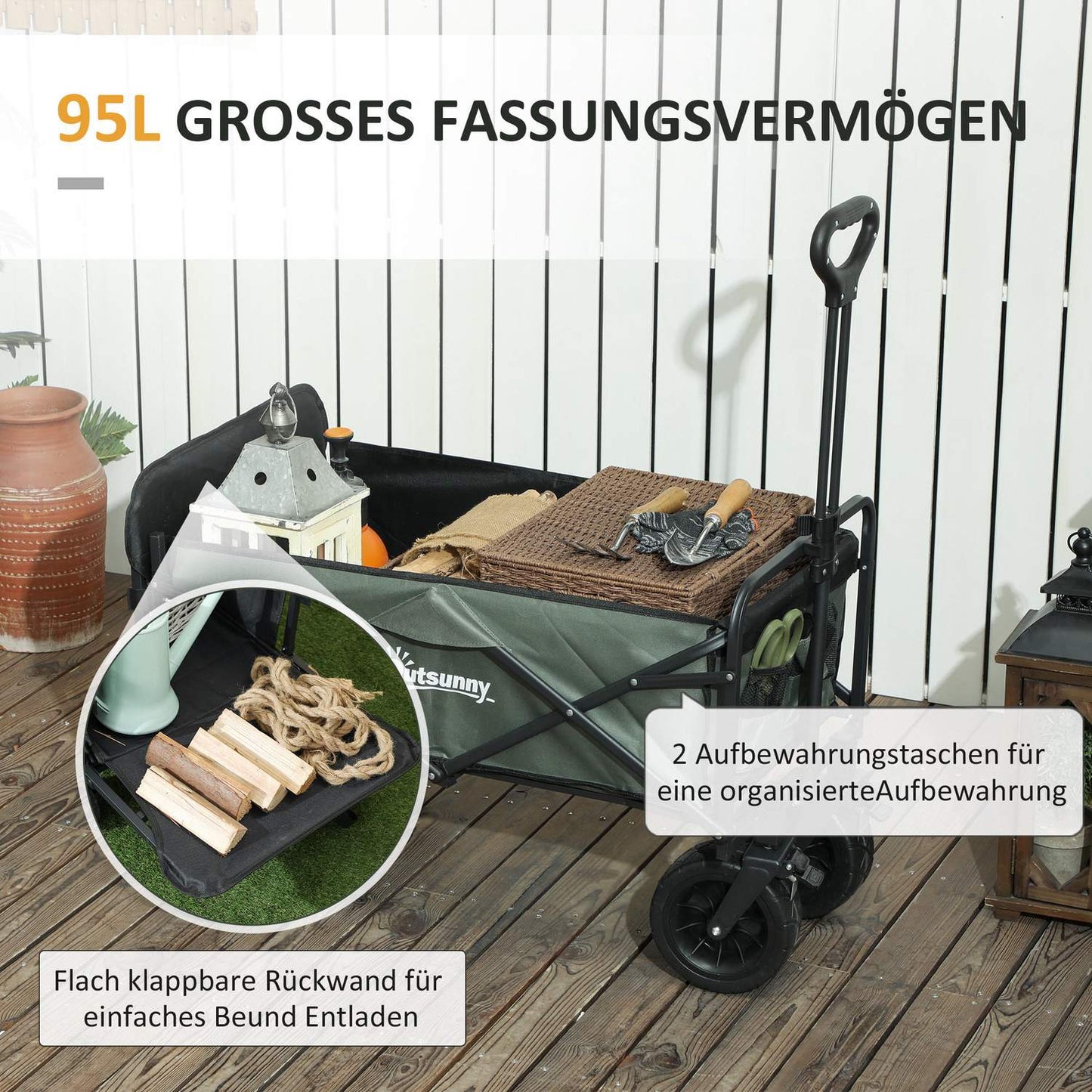 Folding Garden Cart, 120kg Capacity, 95L, Green
