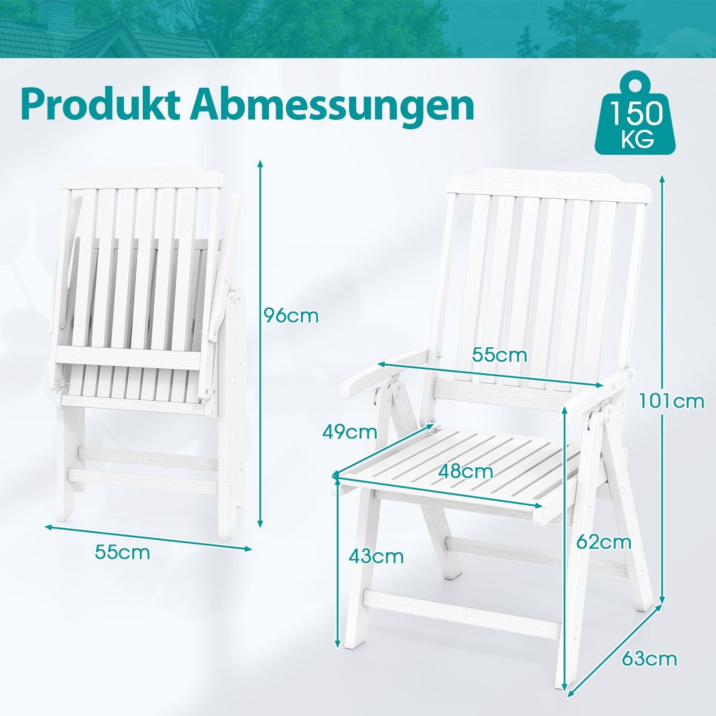 Folding Garden Chair, High Back, Weatherproof, White, 150kg Capacity